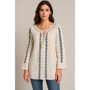 Vintage American Jeans Top Womens‎ XL Tunic Tassel Tie Embroidered Boho Peasant